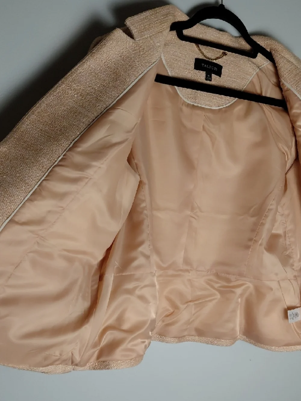 Talbots Blush Pink Metallic Tweed Collarless Blazer